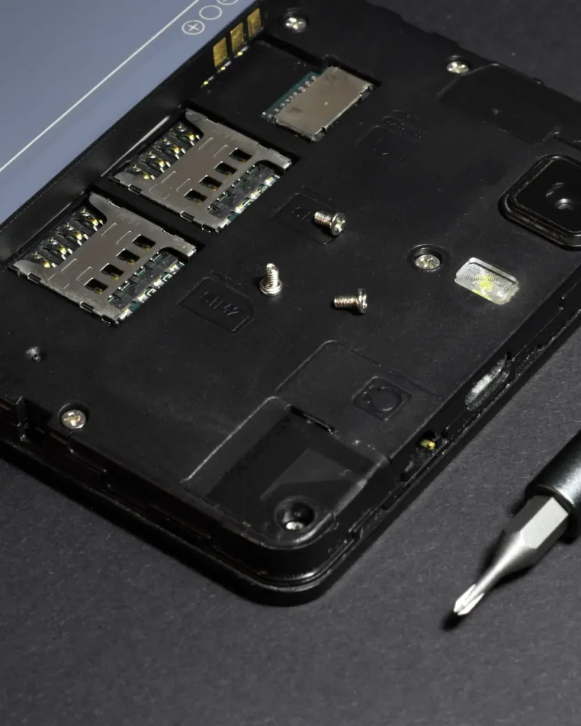 Opened smartphone with a precision screwdriver